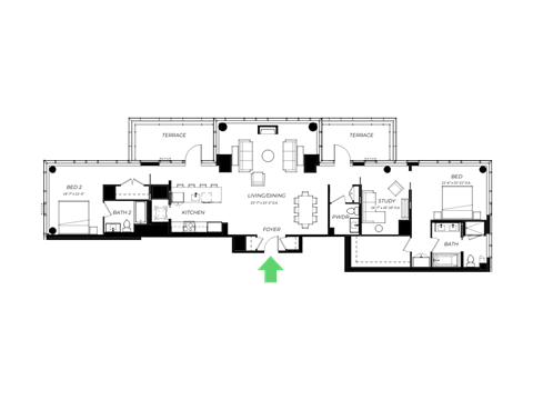 Floor plan for 2 beds, 2.5 baths, 1984 sqft